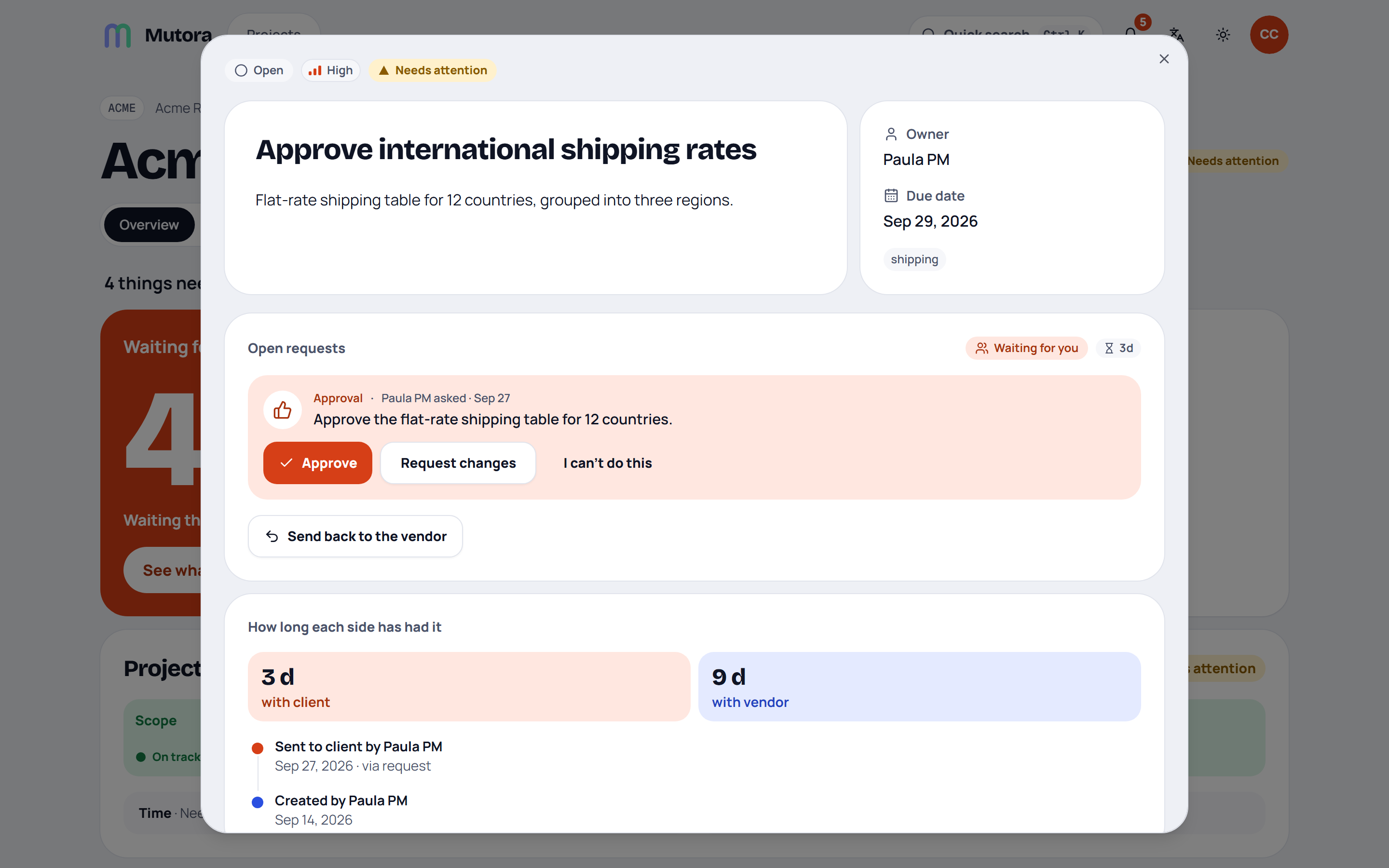 Vista del cliente de un ítem con una solicitud de aprobación y botones para aprobar, solicitar cambios o indicar que no puede hacerlo.